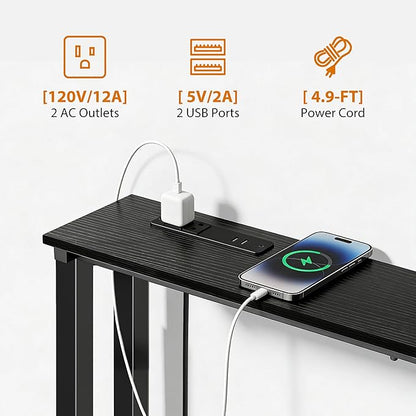 78" Narrow Console Sofa Table with Power Outlets & 2 USB Ports, L Shaped Behind Couch Table Skinny, 3 Assembly Options Entryway Tables with Charging Station for Living Room, Hallway, Black, 78IN