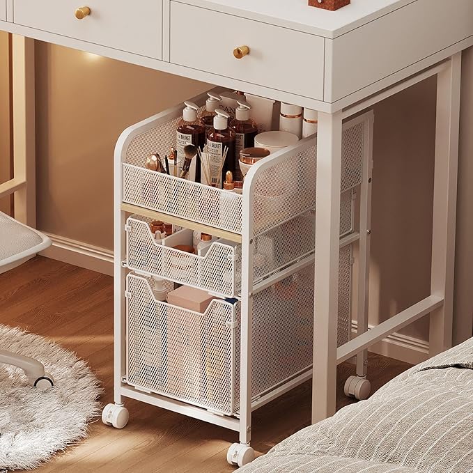 Rolling Makeup Cart Organizer with 2 Drawers, Narrow Floor Skincare Organizers, Vanity Organizer Cosmetics Display Cases Holder for Skin Care Nail Polish Perfume Makeup Brush, White