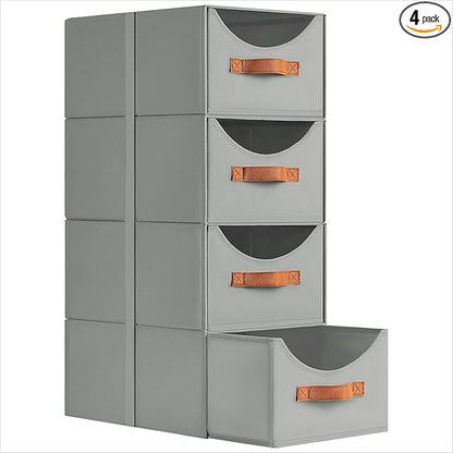 Stackable Storage Drawers - Collapsible Storage Bins with Drawers, 4 Pack Closet Shelf Organizer Basket, Fabric Pull Out Organizer for Bedroom, Living Room, Dorm, Grey