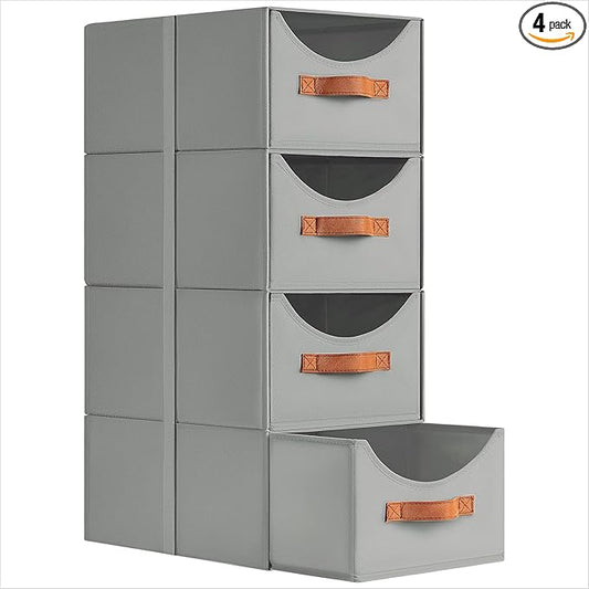 Stackable Storage Drawers - Collapsible Storage Bins with Drawers, 4 Pack Closet Shelf Organizer Basket, Fabric Pull Out Organizer for Bedroom, Living Room, Dorm, Grey
