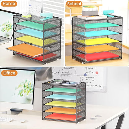 2 Pack 6 Tier Paper Organizer, Metal Mesh Desk File Folder, Letter Tray Organizer, Paper Sorter Desk Organizers for Office, Home or School File Folder Holder - Gray