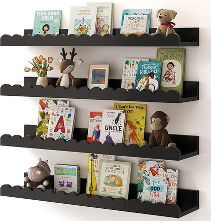 Shario Nursery Book Shelves, 4-Pack Wood Floating Shelves for Wall Kids, Scalloped Shelves, Wall Book Shelves for Bedroom Kids, Toddler Room, Baby Room, Nursery Decor (Black, 23 Inches)