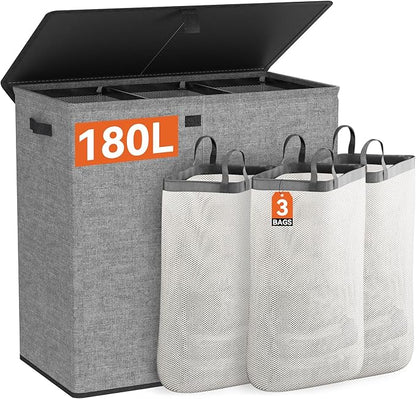 WOWLIVE Laundry Hamper with Lid,180L Large Laundry Basket 3 Section with Removable Washing Bags,Collapsible Waterproof Dirty Clothes Hamper for Laundry Room Bathroom Dorm,Gray