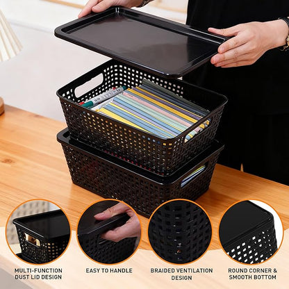 Plastic Storage Baskets With Lid, Storage Bins for Organizing, Stackable Decorative Containers for Shelves Drawers Desktop Closet Playroom Classroom Office, 8 Pack-Black