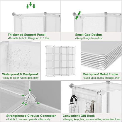 C&AHOME Cube Storage Organizer, 16-Cube Shelves Units, Plastic Storage Cubes, DIY Closet Organizer, Modular Closet Storage Shelf Ideal for Home, 48.4" L × 12.4" W × 48.4" H Transparent Twill UPCS16T