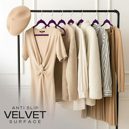 Utopia Home Velvet Hangers 50 Pack – Luxury Non-Slip Slim Pant & Coat Hangers, Strong Space-Saving Clothes Hangers with Pants Bar and 360° Swivel Hook – Purple