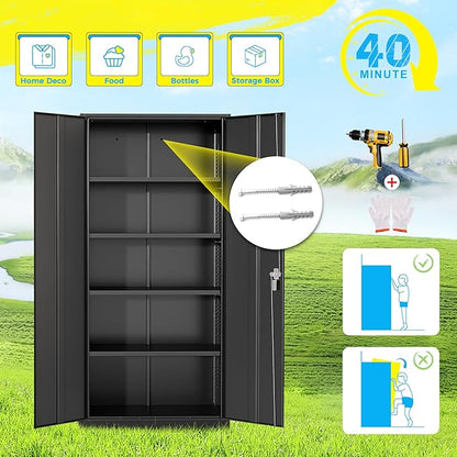 Pataku Metal Storage Cabinet, 72" Garage Cabinet with Doors and Shelves Lockable Steel Multifunctional Cabinets, Black File Cabinets for Home, Office, Garage, Warehouse(Black)