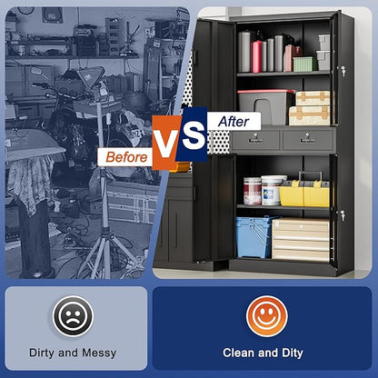 BESFUR Metal Garage Storage Cabinet with Two Drawers Locking Doors and 2 Adjustable Shelves, Black Tall Storage Cabinets, Tool File Lockable Cabinet for Garage Office Warehouse Shop(71”H)