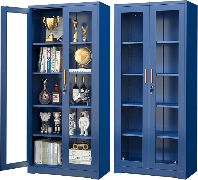 Curio Cabinets with Glass Doors, 71" Glass Display Cabinet with Lock, Tall Bookcase with Adjustable Shelves, Locking China Cabinet for Living Room, School, Commercial, Office, Plant, Blue