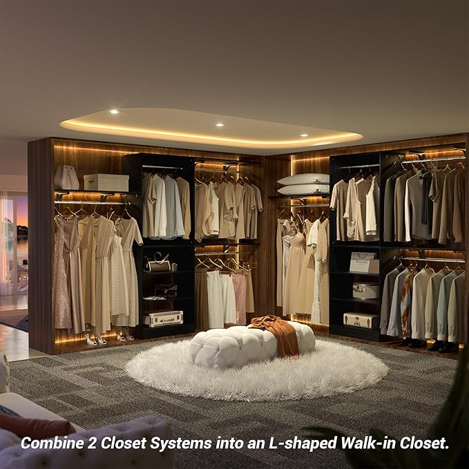 Armocity 96'' Closet System, 8FT Walk In Closet Organizer with 3 Shelving Towers, Heavy Duty Bedroom Wardrobe with 5 Shelves, Wall Mounted Clothes Rack (Can Be Cut To Fit), 96"L x16"W x75"H, Black