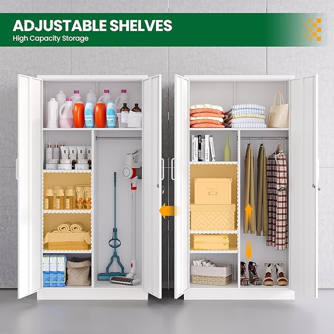 Broom Closet with Lock, Metal Storage Cabinet 36" Wide, 5-Tier Steel Utility Cabinet with Hanging Rod & Doors for Garage, Laundry Room, Warehouse Storage