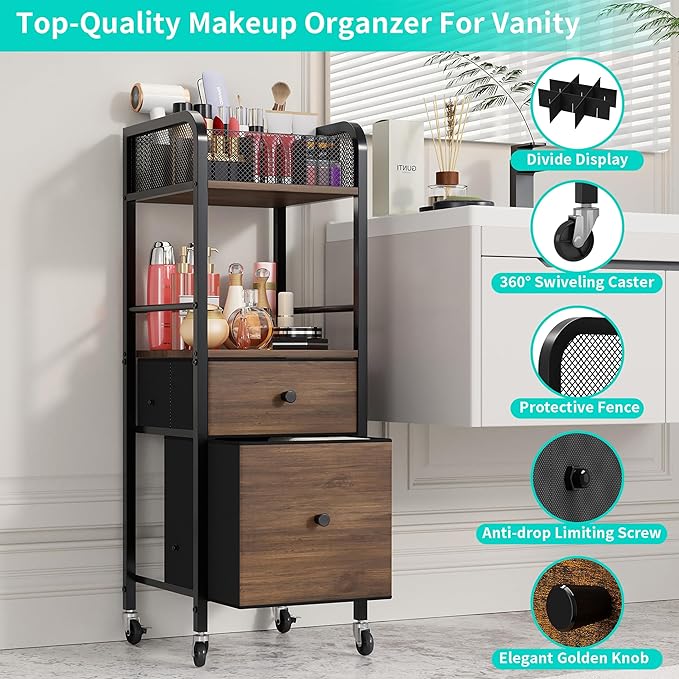 HapiRm Rolling Makeup Cart Organizer - Floor Skincare Make Up Storage with 2 Non-woven Fabric Drawers, Vanity Organizer Cosmetic Display Cases Holder for Skin Care Perfume Nail Polish Brush Hair Tool