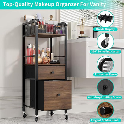 HapiRm Rolling Makeup Cart Organizer - Floor Skincare Make Up Storage with 2 Non-woven Fabric Drawers, Vanity Organizer Cosmetic Display Cases Holder for Skin Care Perfume Nail Polish Brush Hair Tool