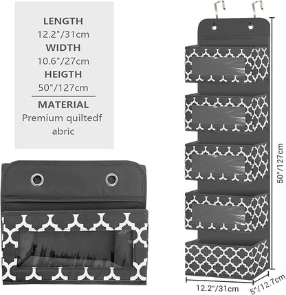 Over The Door Hanging Organizer with 5 Large Pockets - Wall Mount Pantry Storage with Clear PVC Window & 2 Big Metal Hooks for Closet,Bathroom,Nursery,Bedroom,Dorm,Baby Diapers,Kids Toys (Dark Gray)