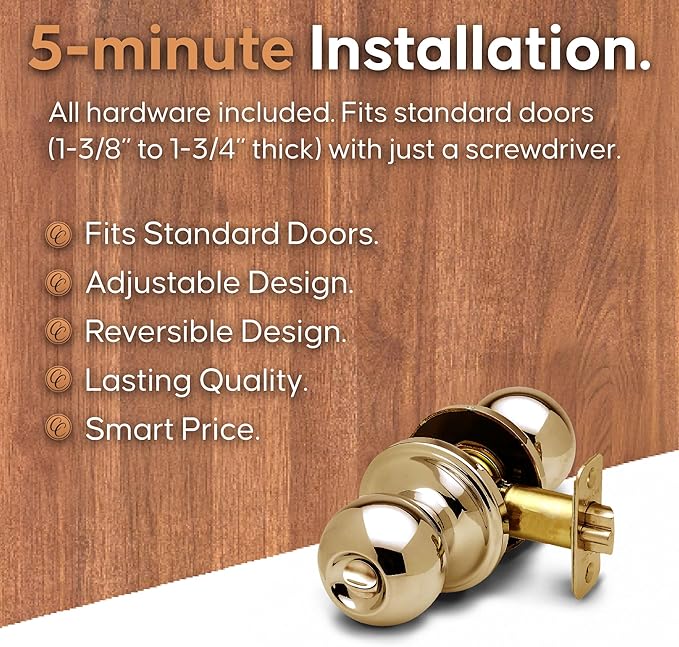 Copper Creek Privacy Interior Door Knob – ANSI Grade-3 Certified, Modern Heavy Duty Handle, Easy Install and Reversible for Bedroom, Bathroom & Closets – Polished Brass (1 Pack)