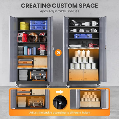Metal Garage Cabinets with Wheels, Heavy Duty Rolling Storage Cabinet with Lock, Storage Caninet with 2 Doors and 4 Shelves, Tall Tool Cabnet on Wheels for Workshop/Home/Office-(Black Gray 75”H)