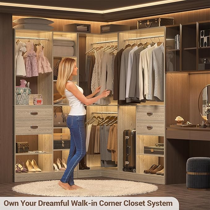 Armocity Corner Closet System, 32 Inches Wide Wood Corner Unit with 2 Hanging Rods and All Hardware Kits, 3-Tier 80'' Height Corner Wood Closet Tower, White Oak