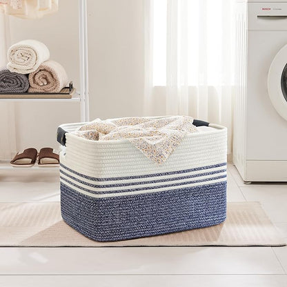 100L Extra Large Laundry Basket with Leather Handles for Living Room Storage,Woven Rope Baskets for Blanket,Kids Toy,Gifts,Wicker Hamper for Bedroom Dirty Clothes,24"x16"x16" Denim Blue