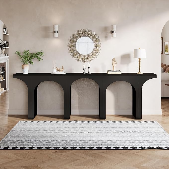 Tribesigns Black Console Table, 94-Inch Entryway Console Table, Wood Sofa Table Behind Couch with Arched Base, Narrow Hallway Table, Modern Foyer Accent Table for Entrance Living Room (Set of 2)