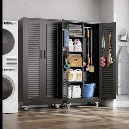 Metal Broom Closet Storage Cabinet with Hanging Rod, Garage Storage Cabinet with Wheels and 4 Shelves, Pegboard and 13 Hooks for Garage Home, Black, Assembly Required