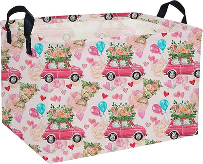 Rectangular Valentine's Day Baskets,Heart Basket,Pink Girls Basket Kids Storage Bin Love Room Decor for Home.(Flower car)