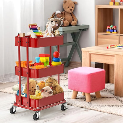 Simple Houseware 3-Tier Compact Utility Rolling Cart, Low 24” Height Fits Under Desk, Space-Saving Storage for Home Office, Dining Room, or Kitchen, Red