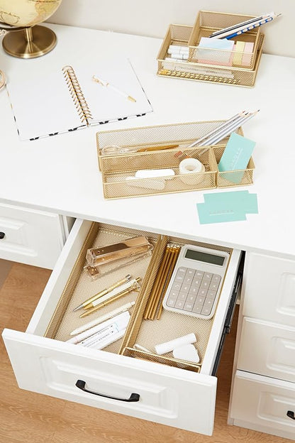 Annova Mesh Stackable Drawer Cabinet and Shelf Organizer Bins Storage Basket School Office Supply Holder Tray- Set of 2 (Gold, 6x6x2 Inch)