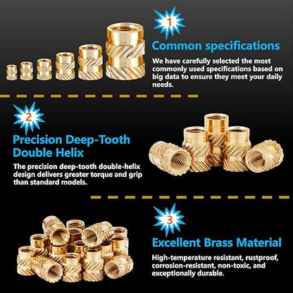 300+6Pcs M2 M2.5 M3 M4 M5 Premium Brass Threaded Inserts, Metric Brass Knurled Nuts Assortment Kit, with Heat Set Insert Tool, for Plastic and 3D Printing Components, All-in-one Solutions
