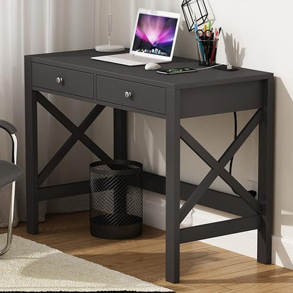 ChooChoo Computer Desk with USB Charging Ports and Power Outlets, Modern Simple 40 Inches Desk with Drawers, Makeup Vanity Console Table, Black