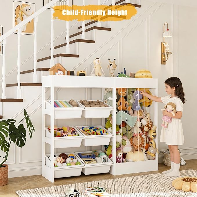 50.6" W Toy Storage, 3-in-1 Large Kids Toy Organizers and Storage with Stuffed Animal Zoo, 6 Removable Plastic Bins, Wooden Toddler Cabinet for Girls Boys Playroom, Nursery, Home Decor(White)