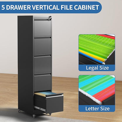5 Drawer Mobile File Cabinet, Metal Filing Cabinet with Lock and Wheels, Home Office Rolling File Cabinets for Legal/Letter Hanging File Folders, Un-Assembled (Black)