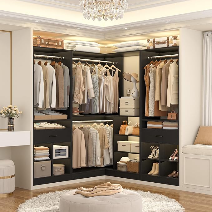 Unikito 86" Corner Closet System, Modular Closets Organizer with 4 Hanging Rods and 2 Drawers, Freestanding Adjustable Wood Clothes Garment Rack with Storage Shelves, Black