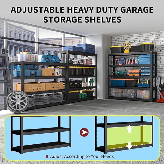 Shelving Units and Storage, 3000LBS Garage Storage Shelves, 5 Tier Shelving Unit, Steel Industrial Shelving, Adjustable Standing Shelf for Garage, Home, Warehouse 71" H x 47" W x 20" D, Black