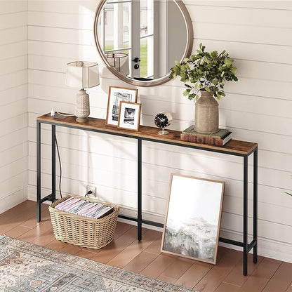 63'' Skinny Console Table with Charging Station, Narrow Long Sofa Couch Table, Easy Assembly, Entryway Table for Living Room, Foyer, Hallway, Rustic Brown CTHR165E01Z1