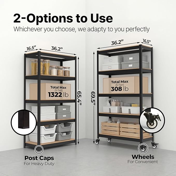 HOMEDANT House 5 Tier Heavy Duty Garage Shelving Adjustable Metal Rack Storage Shelves Standing Shelf Unit Organizers Pantry Closet Office (2, Black, (Wheels) 36.2" W x 16.2" D)