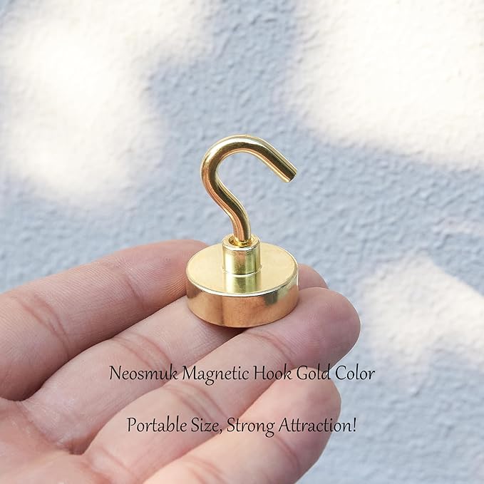 Neosmuk Magnetic Hooks, Heavy Duty 40lb+ Strong Magnet Hook for Cruise Cabins, Cruise Ship Essentials for Hanging, Metal Wall Refrigerator Hangers (Gold, 10 Pack)