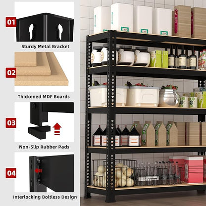 4 Packs 35.5" W x 16" D x 71" H Adjustable Garage Storage Shelves - 5-Shelf Heavy Duty Shelving Unit, Metal Utility Storage Organizer Racks for Warehouse Pantry Closet Kitchen, Black