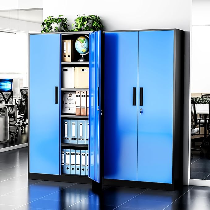 Greenvelly Metal Storage Cabinet with Doors and Shelves, 72" Inch Locking Metal Cabinet,Garage Storage Cabinet for Garage Office School Warehouse (Black Blue)