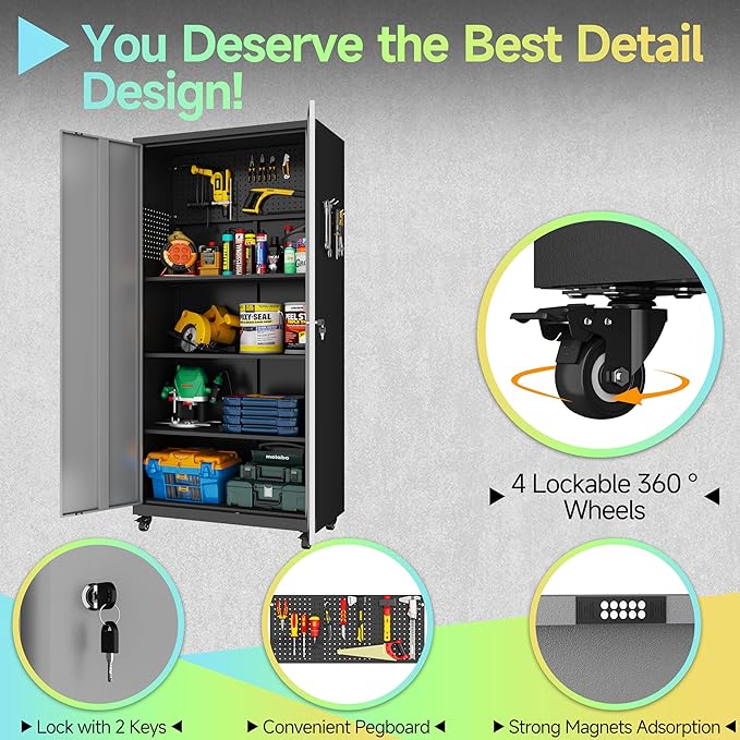 Metal Garage Storage Cabinet with Wheels,71" Tool Storage Cabinet with Adjustable Shelves,Lockable Storage Cabinets with Pegboards for Warehouse,Workshop,Garage,Basement,Utility Room(Black Grey）