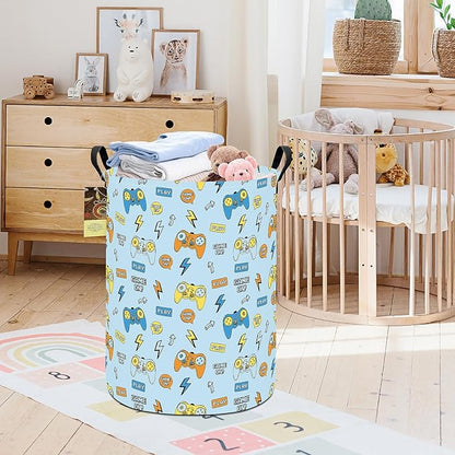 HUNRUNG Laundry Hamper,Large Canvas Fabric Lightweight Storage Basket Toy Organizer Dirty Clothes Collapsible Waterproof for College Dorms（Round-Color Game）
