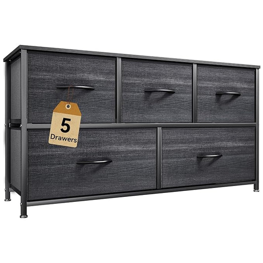 DWVO Dresser with 5 Drawers - Fabric Storage Tower, Organizer Unit for Bedroom, Living Room, Closets - Sturdy Steel Frame, Wooden Top