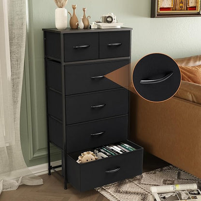 Fabric Dresser for Bedroom, Tall Skinny Dresser with 6 Drawers, Storage Organizer Tower, Steel Frame Wooden Top for Closet, Living Room, Hallway, Nursery(Black)