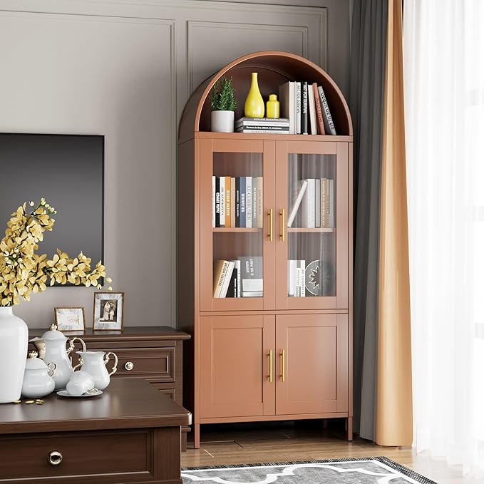 Metal Arched Pantry Cabinet with 2 Drawers,Brown Arched Kitchen Pantry Cabinet with Glass Door for Kitchen Home, Assemble Required,Brown,72.76"×30.83" W×16.10" D
