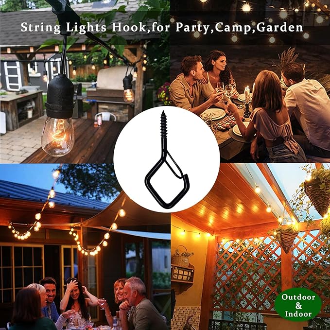 50 Pcs Outdoor Hooks for String Lights,Screw Hooks for Hanging Plants,Ceiling Hooks with Safety Buckle,Square Hanger for Wind Chimes,Bird Feeder,Lanterns,Christmas Decorations (Black)
