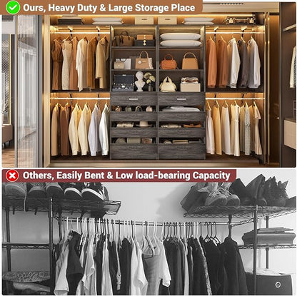 Aheaplus Closet System with 8 Wooden Drawers, Wood Closet Organizer System with Tower, Walk-in Closet Organizer Wardrobe Clothes Rack with 4 Hanging Rods, Garment Rack, Cut to Fit 7-12Ft, Black Oak1