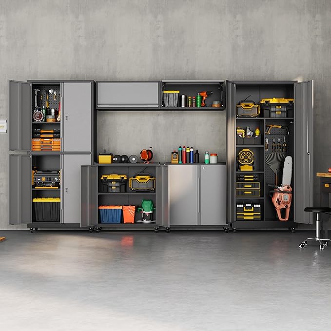 Metal Garage Storage Cabinet with Wheels, Locking Broom Closet Storage Cabinet with Adjustable Shelves, 71" H Tool Cabinet for Utility Room, Workshop, Warehouse