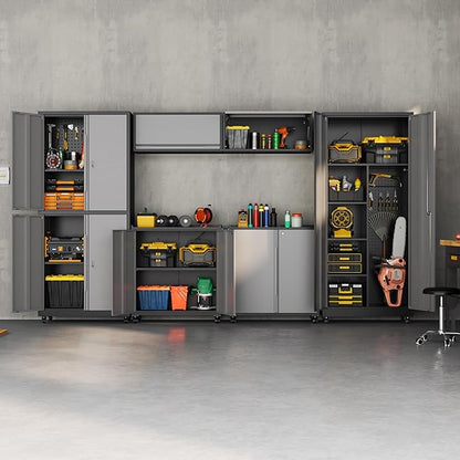 Metal Garage Storage Cabinet with Wheels, Locking Broom Closet Storage Cabinet with Adjustable Shelves, 71" H Tool Cabinet for Utility Room, Workshop, Warehouse