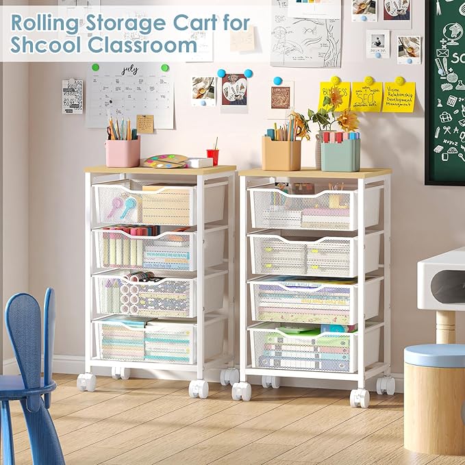 Utility Cart with 4 Drawers, Rolling Storage Cart, Metal Rolling Drawer Cart with Lockable Wheels and Wooden Tabletop, Craft Storage Art Cart for Living Room, Bedroom, Classroom, Office, White
