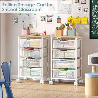 Utility Cart with 4 Drawers, Rolling Storage Cart, Metal Rolling Drawer Cart with Lockable Wheels and Wooden Tabletop, Craft Storage Art Cart for Living Room, Bedroom, Classroom, Office, White