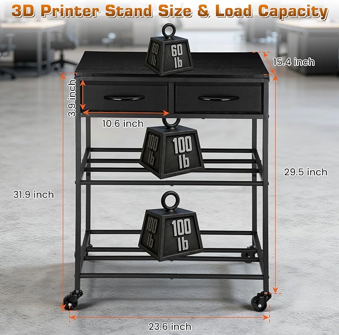 3D Printer Filament Storage Shelf with Drawers& Wheels, Black 2-Tier 3D Printer Filament Metal Stand with Storage, Adjustable Filaments Organzied Rack for Workshop Studio Office, 4 Leveling Feet